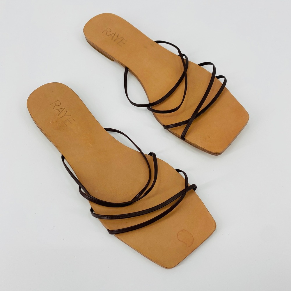 RAYE Sandals Women 7.5 Brown Leather Strappy Square Toe Flat Slides
